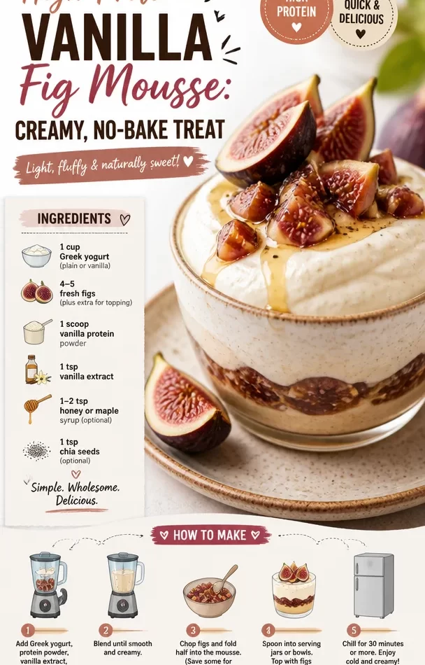 High-protein vanilla fig mousse dessert in a glass, topped with fresh figs.
