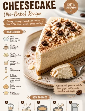 High-protein no-bake white mocha cheesecake topped with coffee and chocolate.