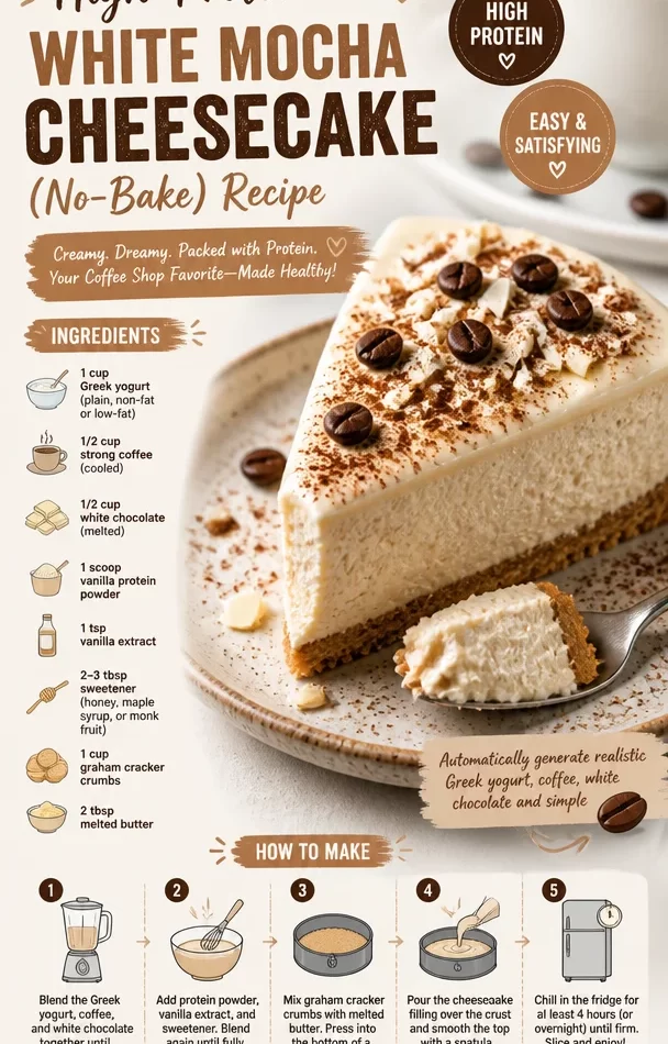 High-protein no-bake white mocha cheesecake topped with coffee and chocolate.