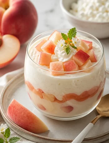 High-protein no-bake white peach jasmine mousse served in a glass