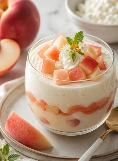 High-protein no-bake white peach jasmine mousse served in a glass