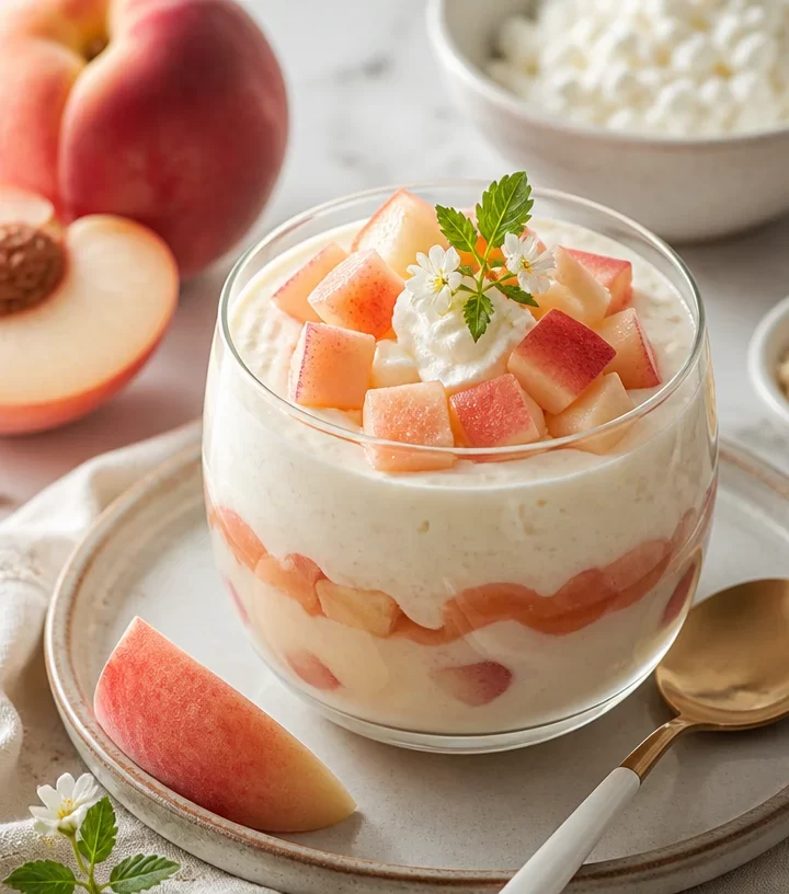 High-protein no-bake white peach jasmine mousse served in a glass