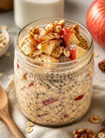 Bowl of Apple Cinnamon Overnight Oats topped with fresh apple slices and cinnamon