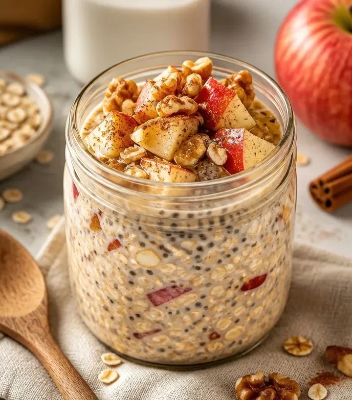 Bowl of Apple Cinnamon Overnight Oats topped with fresh apple slices and cinnamon
