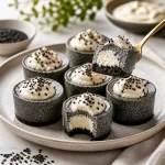 No-bake protein black sesame velvet cups garnished with sesame seeds