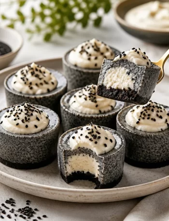 No-bake protein black sesame velvet cups garnished with sesame seeds