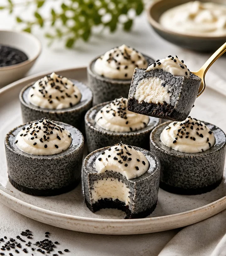 No-bake protein black sesame velvet cups garnished with sesame seeds