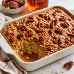 Bowl of Maple Pecan Baked Oatmeal topped with pecans and maple syrup