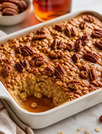 Bowl of Maple Pecan Baked Oatmeal topped with pecans and maple syrup