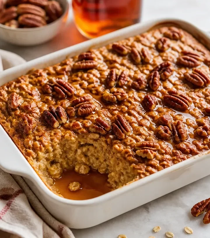 Bowl of Maple Pecan Baked Oatmeal topped with pecans and maple syrup