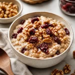 Bowl of Meal-Prep Cranberry Walnut Oatmeal topped with fresh cranberries and walnuts