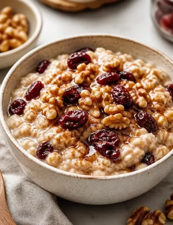 Bowl of Meal-Prep Cranberry Walnut Oatmeal topped with fresh cranberries and walnuts