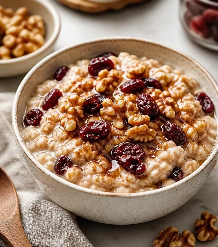 Bowl of Meal-Prep Cranberry Walnut Oatmeal topped with fresh cranberries and walnuts