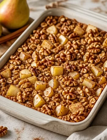 Meal-prep pear and walnut baked oats ready for a nutritious breakfast.