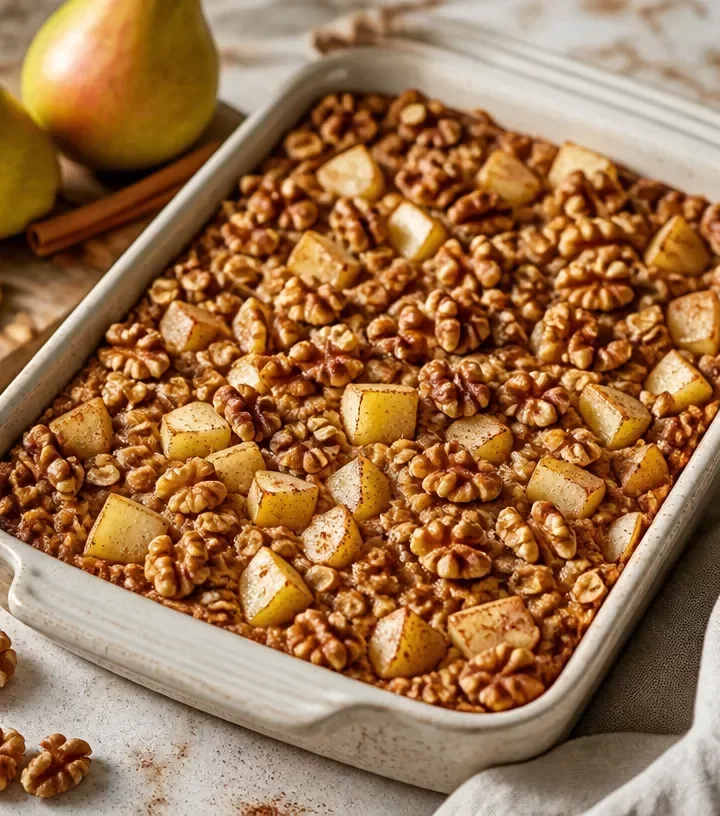 Meal-prep pear and walnut baked oats ready for a nutritious breakfast.
