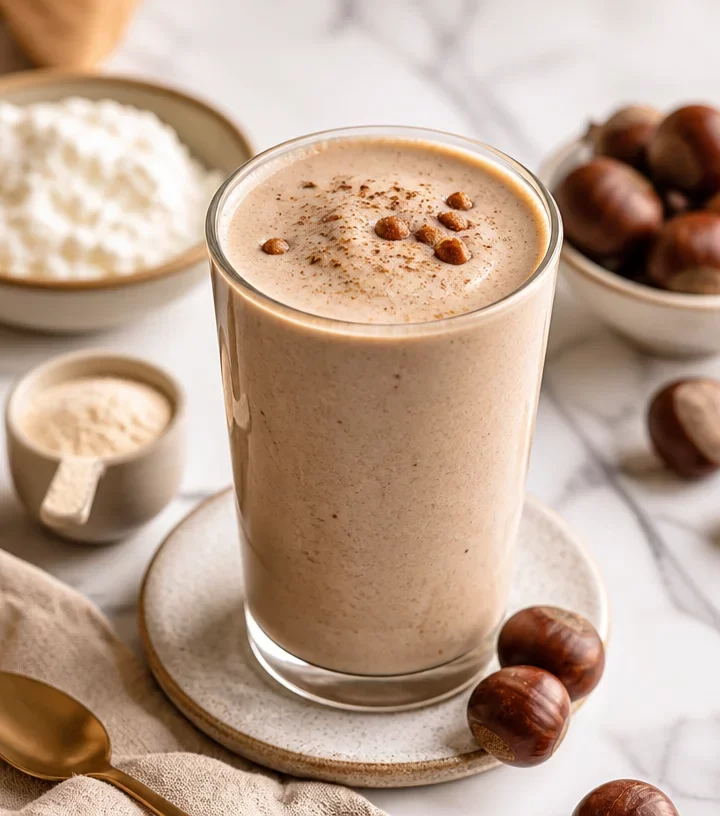 High-Protein Chestnut Vanilla Velvet Smoothie in a glass with toppings