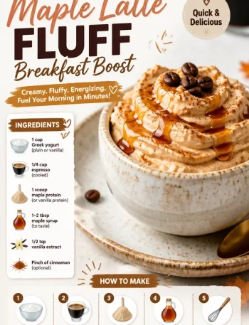 Delicious High-Protein Maple Latte Fluff topped with maple syrup and whipped cream