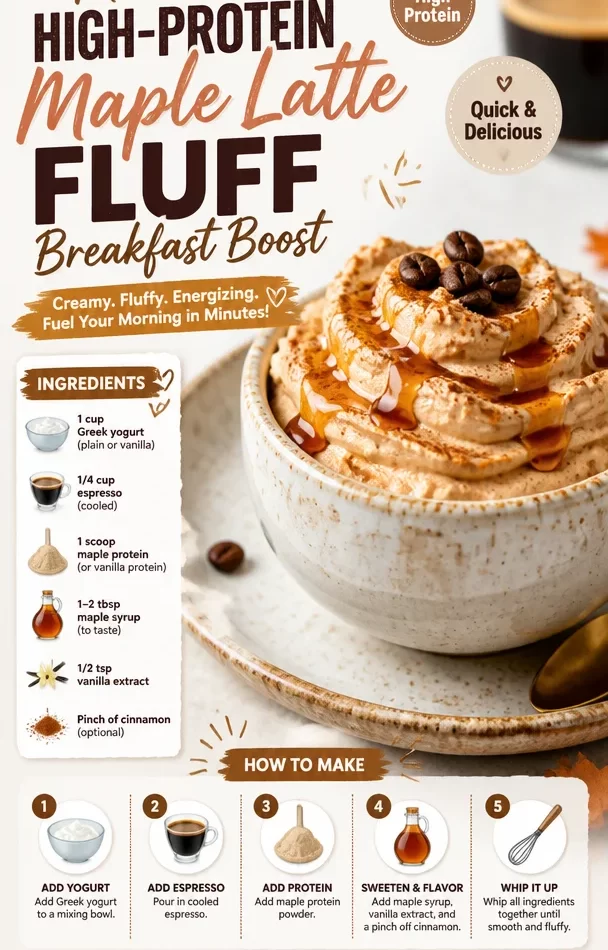 Delicious High-Protein Maple Latte Fluff topped with maple syrup and whipped cream