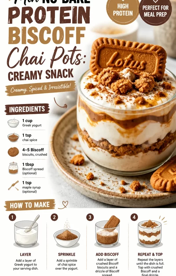 Delicious no-bake protein chai pots with Biscoff topping for a creamy snack