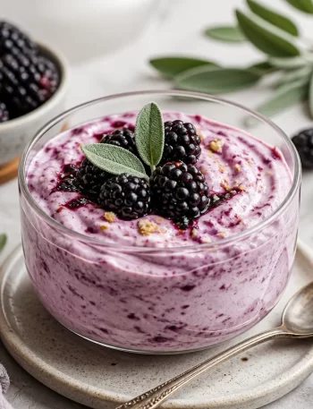 Creamy no-bake protein blackberry sage mousse in a glass