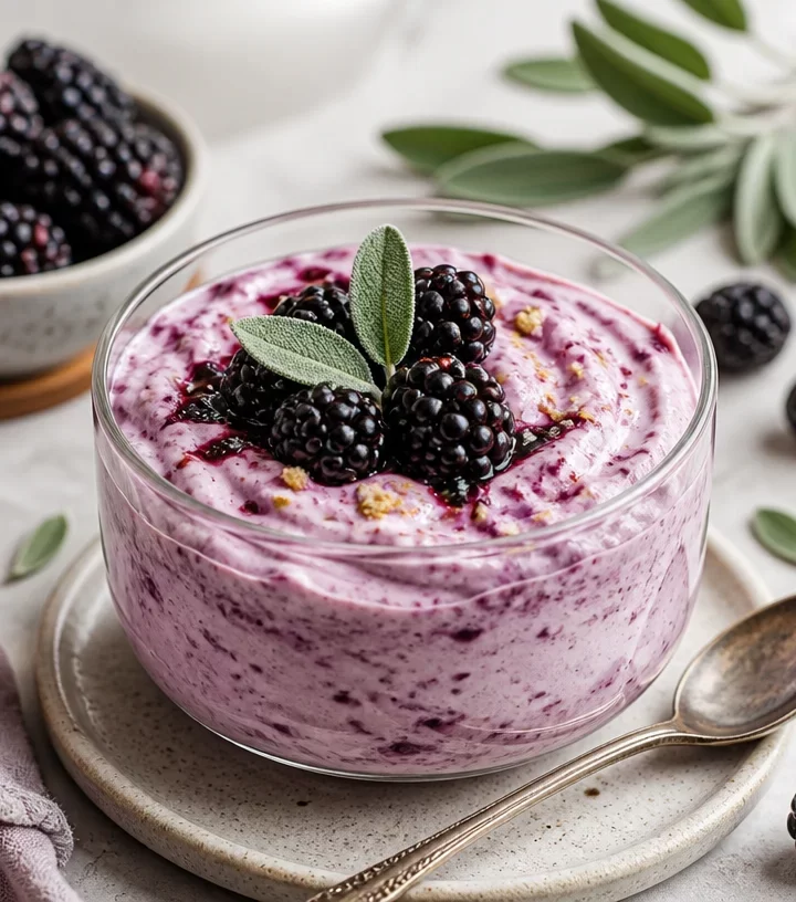 Creamy no-bake protein blackberry sage mousse in a glass