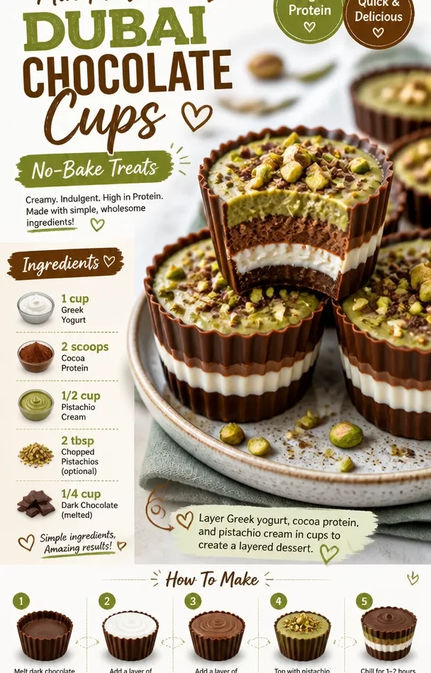Min Protein Dubai chocolate cups, delicious no-bake treats made with protein.