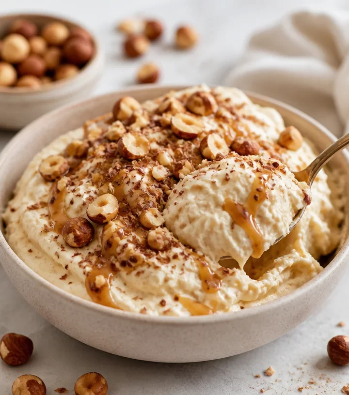 No-bake Min Protein Hazelnut Praline Cloud snack with hazelnut topping