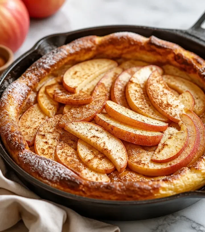 Minute Apple Cinnamon Dutch Baby served with apples and cinnamon topping