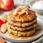 Plate of Minute Apple Cinnamon Protein Pancakes with syrup and apple slices