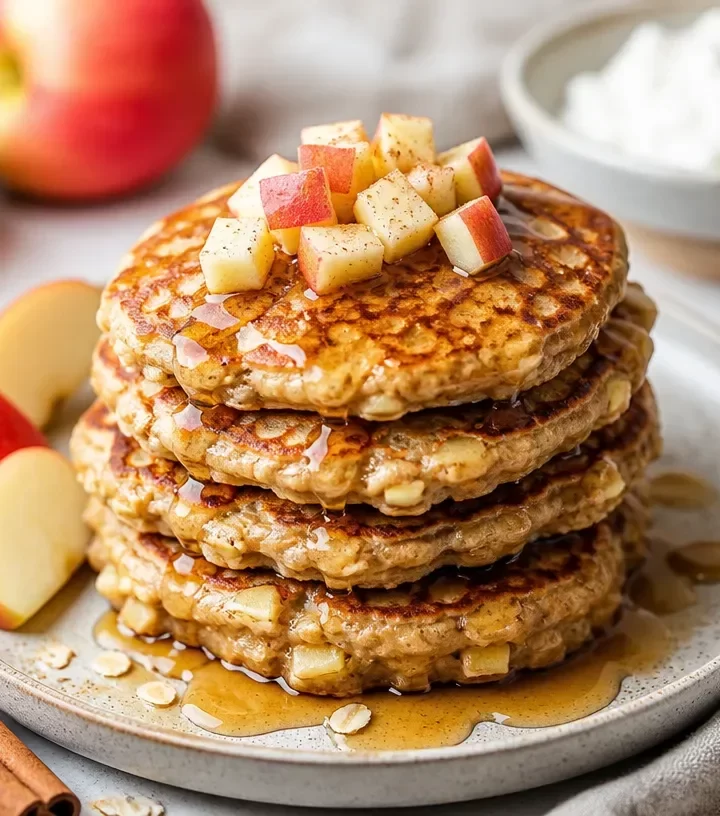 Plate of Minute Apple Cinnamon Protein Pancakes with syrup and apple slices