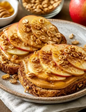 Quick apple peanut butter toast topped with fresh apple slices for a nutritious breakfast