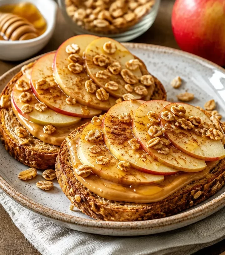Quick apple peanut butter toast topped with fresh apple slices for a nutritious breakfast