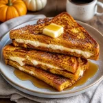 Slice of pumpkin cream cheese French toast topped with maple syrup and spices