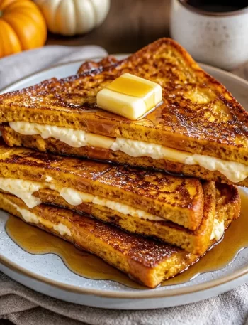 Slice of pumpkin cream cheese French toast topped with maple syrup and spices
