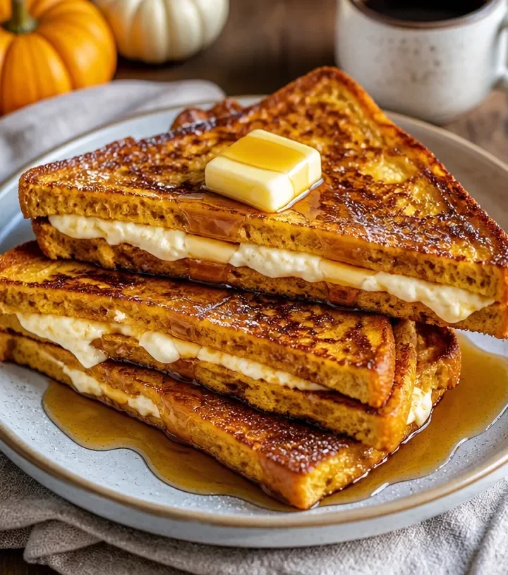 Slice of pumpkin cream cheese French toast topped with maple syrup and spices