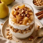 Delicious Cinnamon Pear Yogurt Parfait with fresh fruit and yogurt