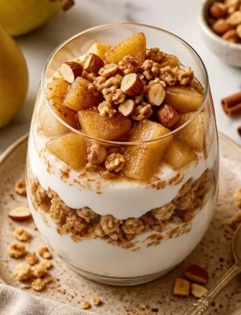 Delicious Cinnamon Pear Yogurt Parfait with fresh fruit and yogurt