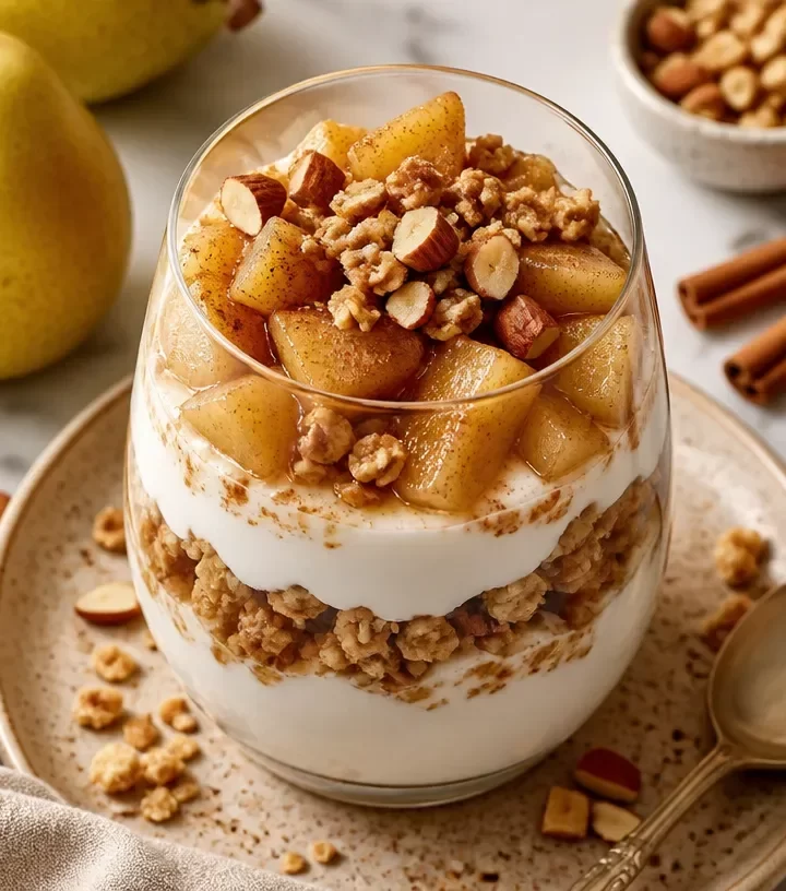 Delicious Cinnamon Pear Yogurt Parfait with fresh fruit and yogurt