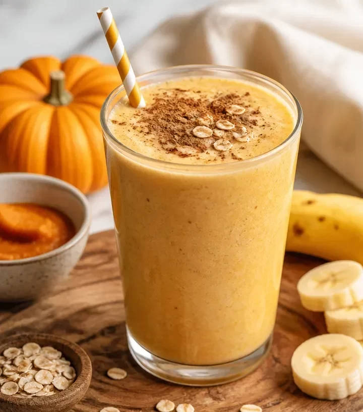 Creamy pumpkin banana smoothie in a glass, perfect for fall breakfasts