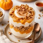 Healthy Minute Fall Pumpkin Granola Parfait with layers of yogurt and pumpkin granola