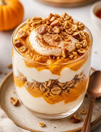 Healthy Minute Fall Pumpkin Granola Parfait with layers of yogurt and pumpkin granola