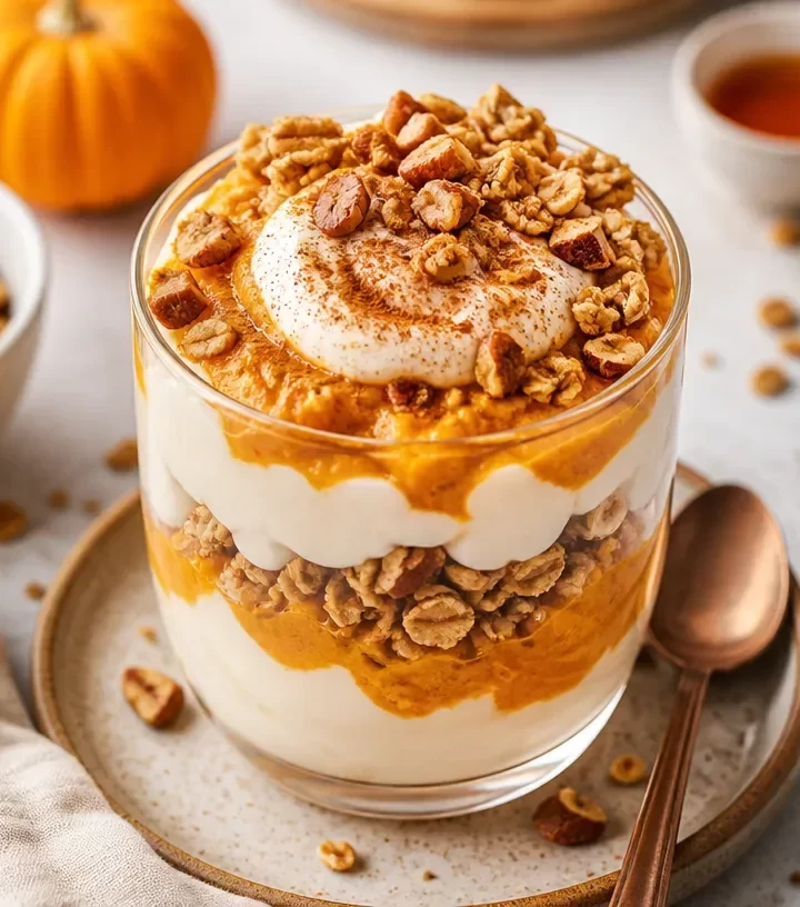 Healthy Minute Fall Pumpkin Granola Parfait with layers of yogurt and pumpkin granola