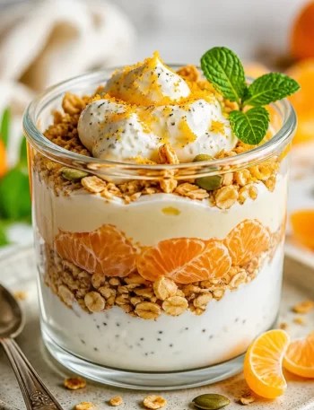 High-protein citrus garden parfait served in a glass with fresh fruit and yogurt