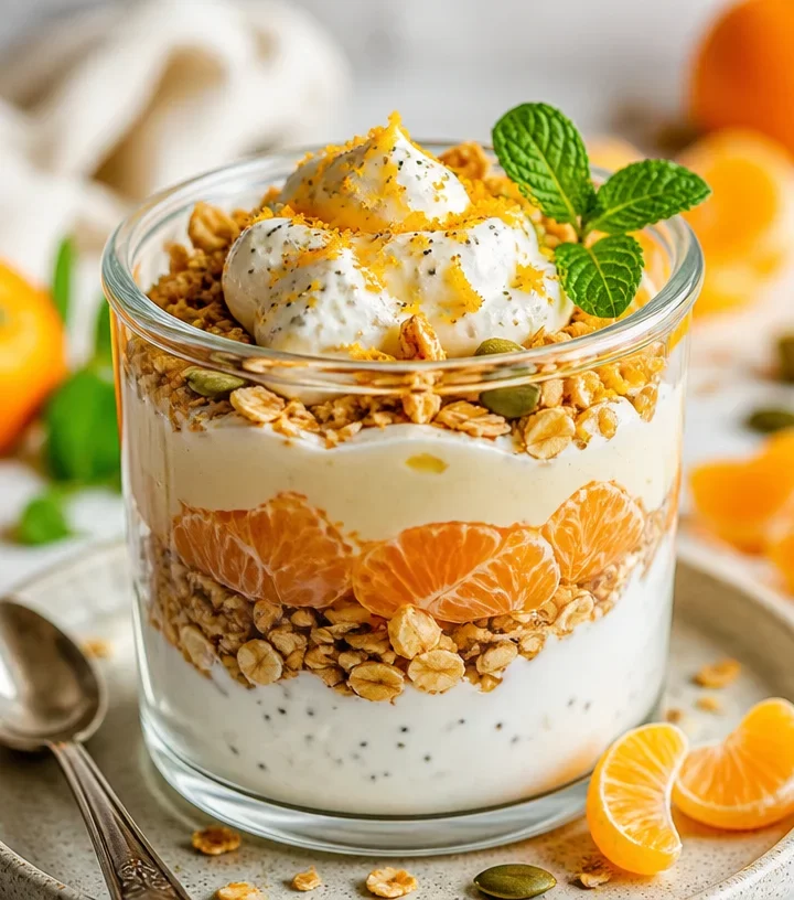 High-protein citrus garden parfait served in a glass with fresh fruit and yogurt