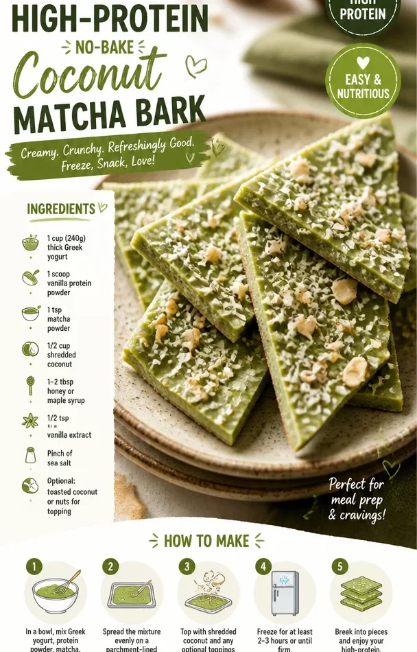 No-bake coconut matcha bark with high-protein ingredients