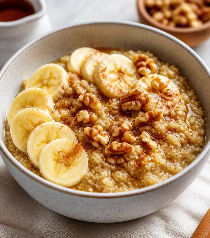 Bowl of maple cinnamon breakfast quinoa topped with fresh fruit and nuts