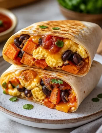 Healthy sweet potato breakfast burritos ready for meal prep