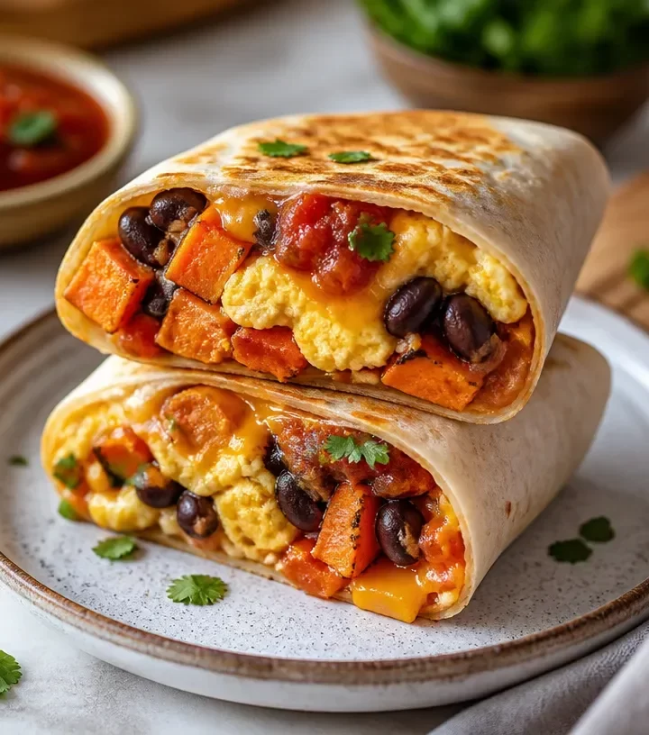 Healthy sweet potato breakfast burritos ready for meal prep