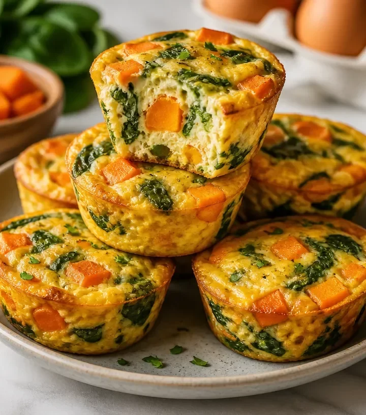 Healthy sweet potato muffins with spinach and eggs, perfect for meal prep.