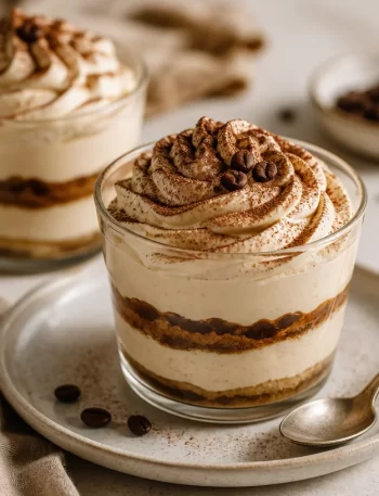 No-bake high-protein espresso chantilly pots topped with whipped cream.